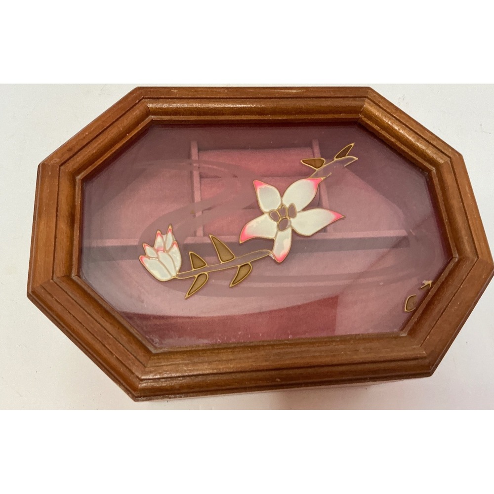 Vintage Wooden Jewelry Box Etched Glass Floral Lid Octagonal Brown